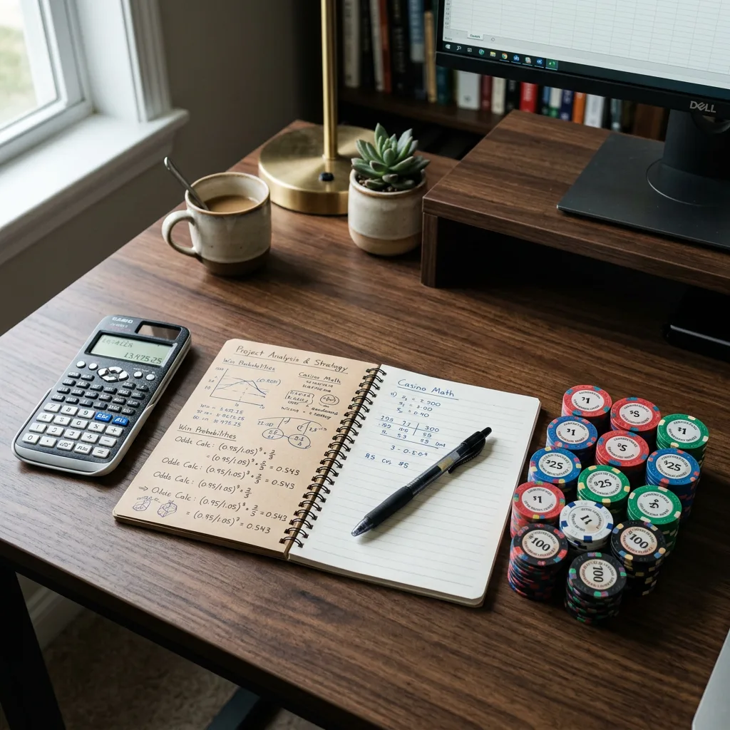 Notebook with gambling math notes, poker chips, calculator, coffee mug, and pen on desk